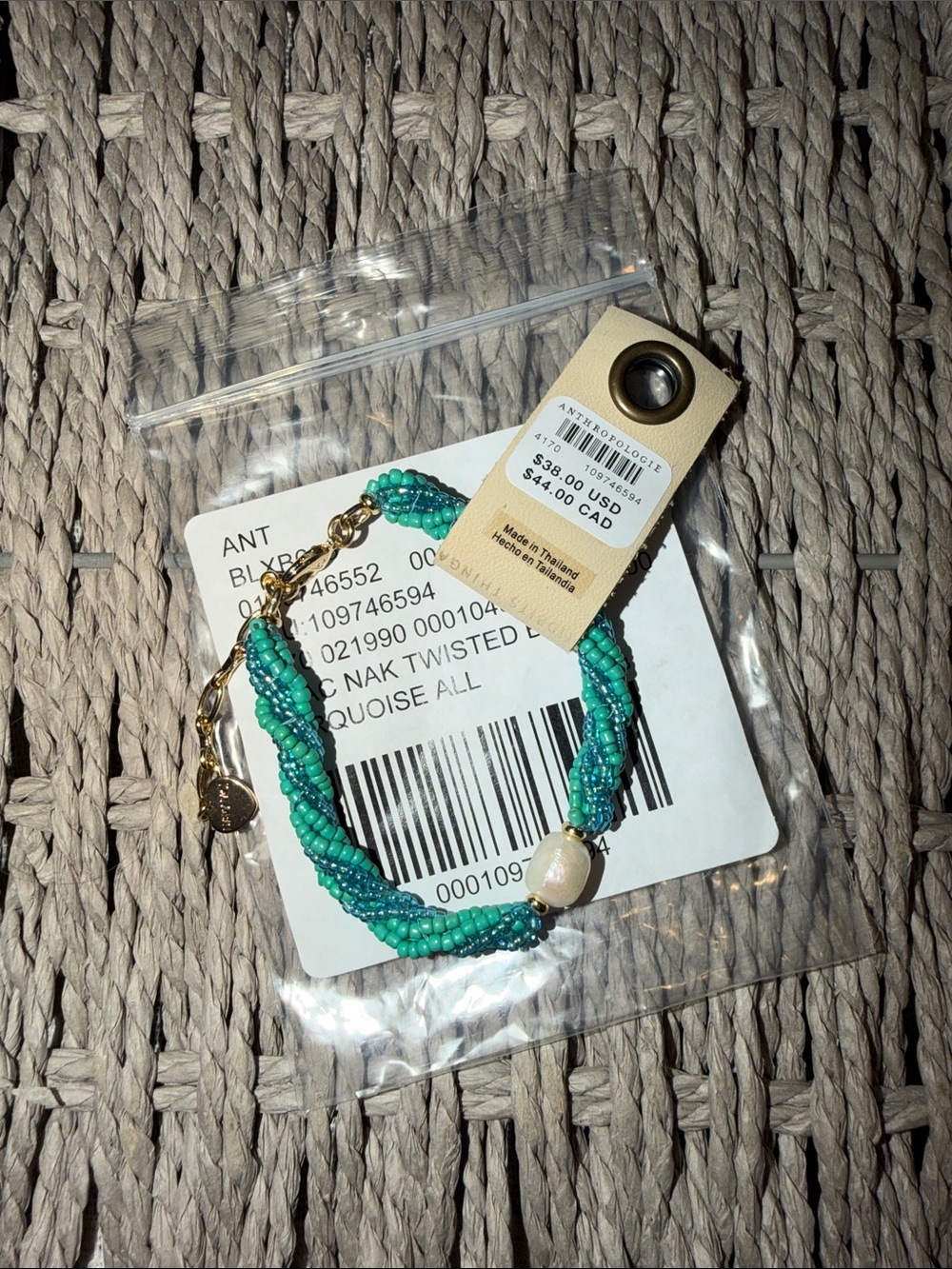 Anthropologie Turquoise & Teal Twisted Bead Bracelet with Pearl Accent